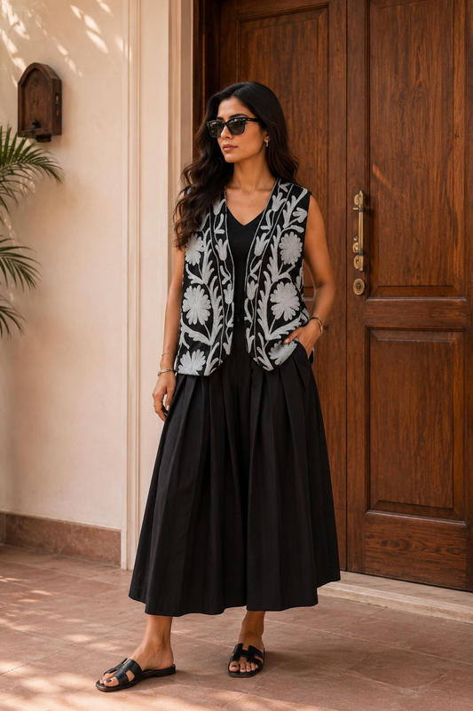 Black and white floral Suzani vest lifestyle