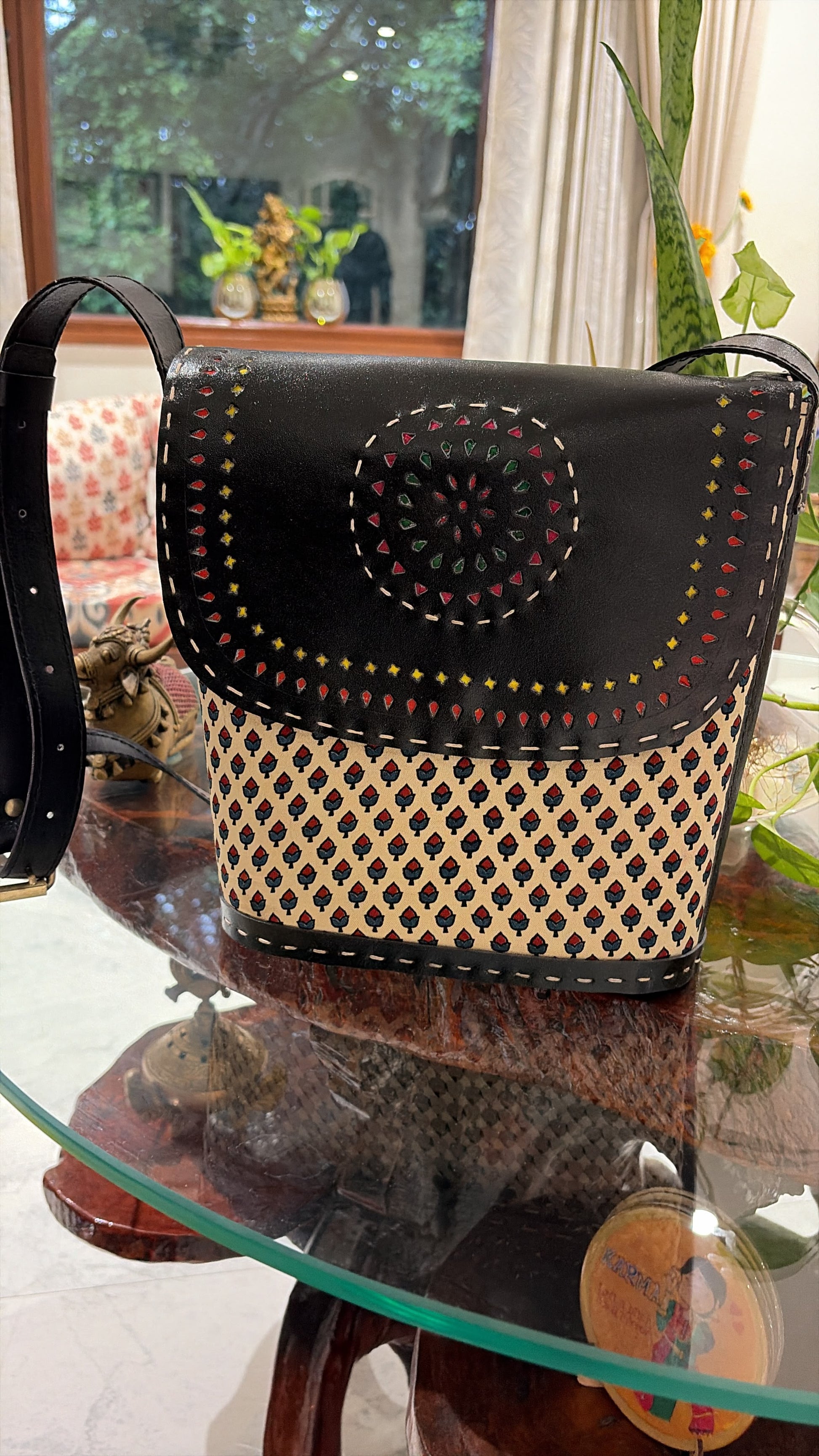 Black Ajrakh Multicolour Crossbody Bag - open interior showing Ajrakh lining
