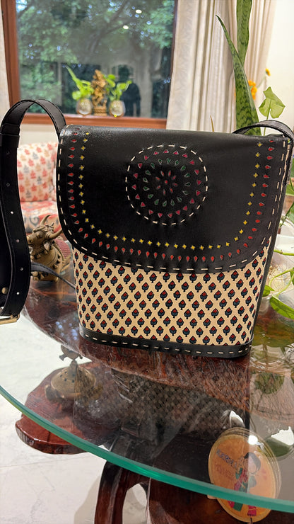 Black Ajrakh Multicolour Crossbody Bag - open interior showing Ajrakh lining