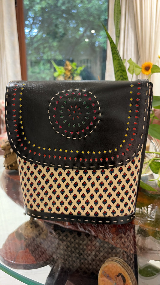 Black Ajrakh Multicolour Crossbody Bag - front view
