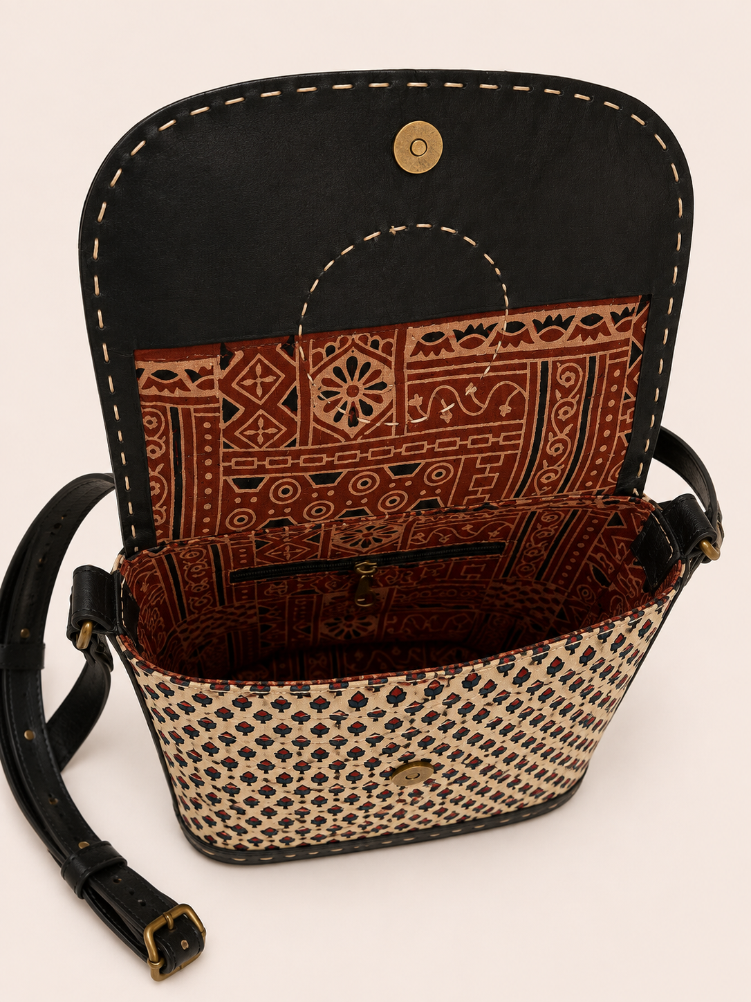 Black Ajrakh Multicolour Crossbody Bag - model wearing crossbody
