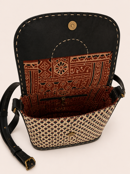 Black Ajrakh Multicolour Crossbody Bag - model wearing crossbody