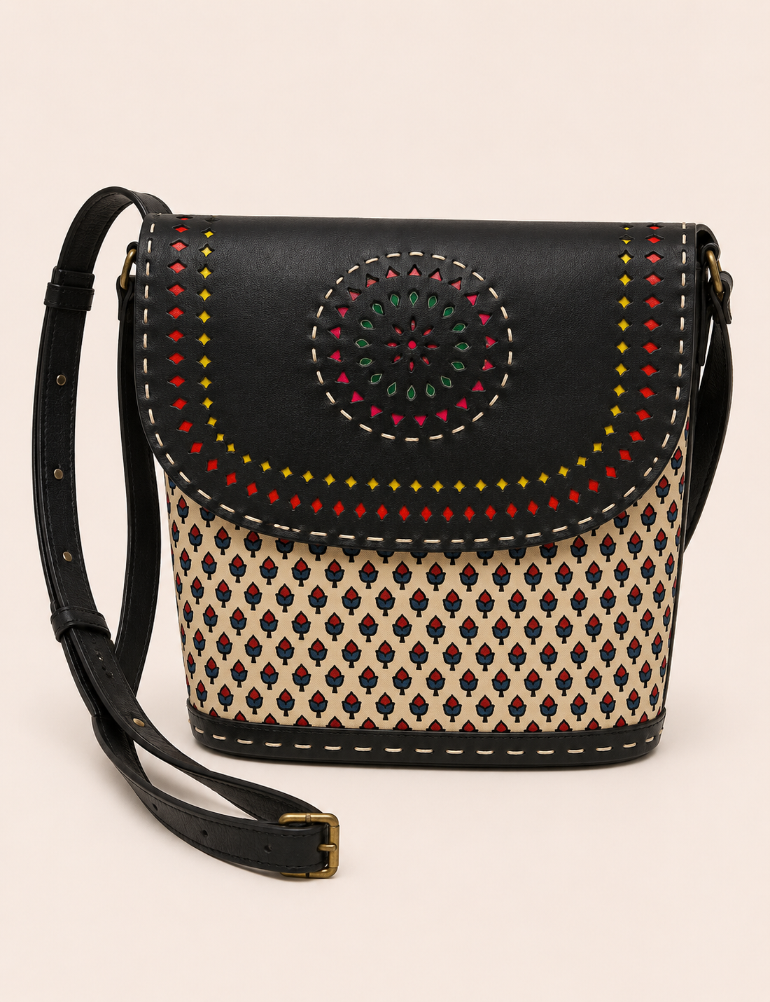 Black Ajrakh Multicolour Crossbody Bag - product shot with strap