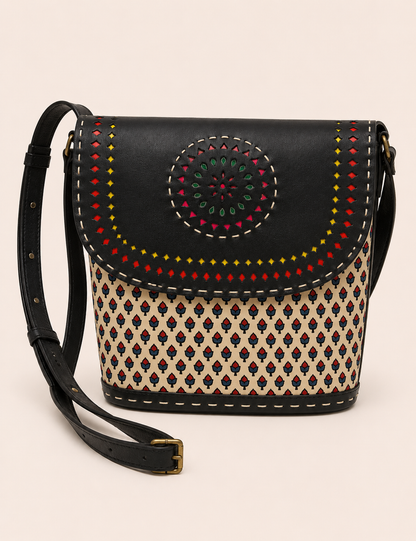 Black Ajrakh Multicolour Crossbody Bag - product shot with strap