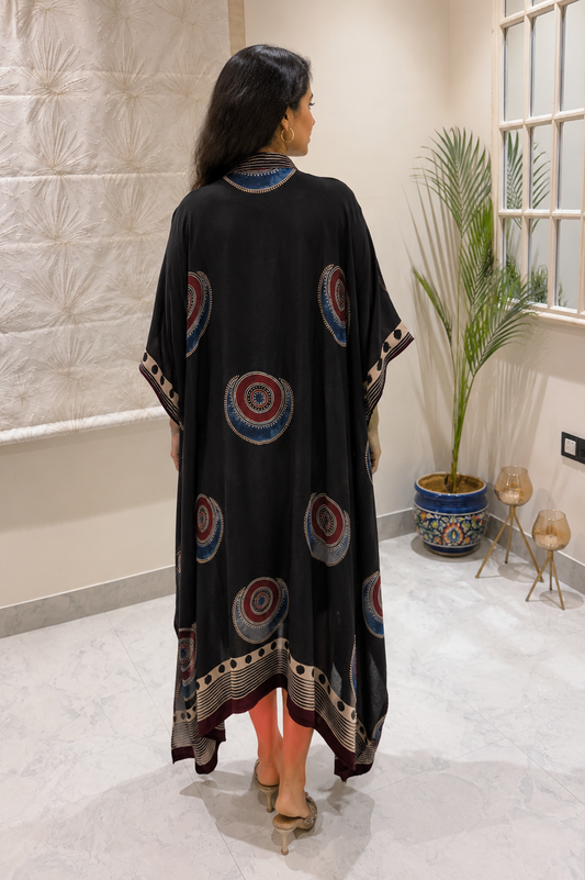 Modal Silk Black Red Blue Paisley Medallion Kaftan