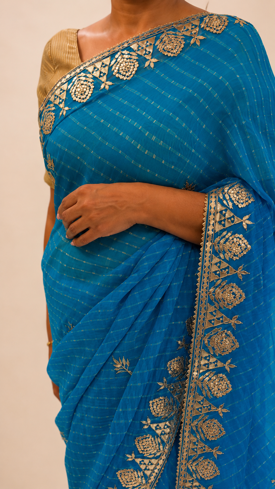 Cobalt Blue Striped Georgette Saree with Gotta Patti Border