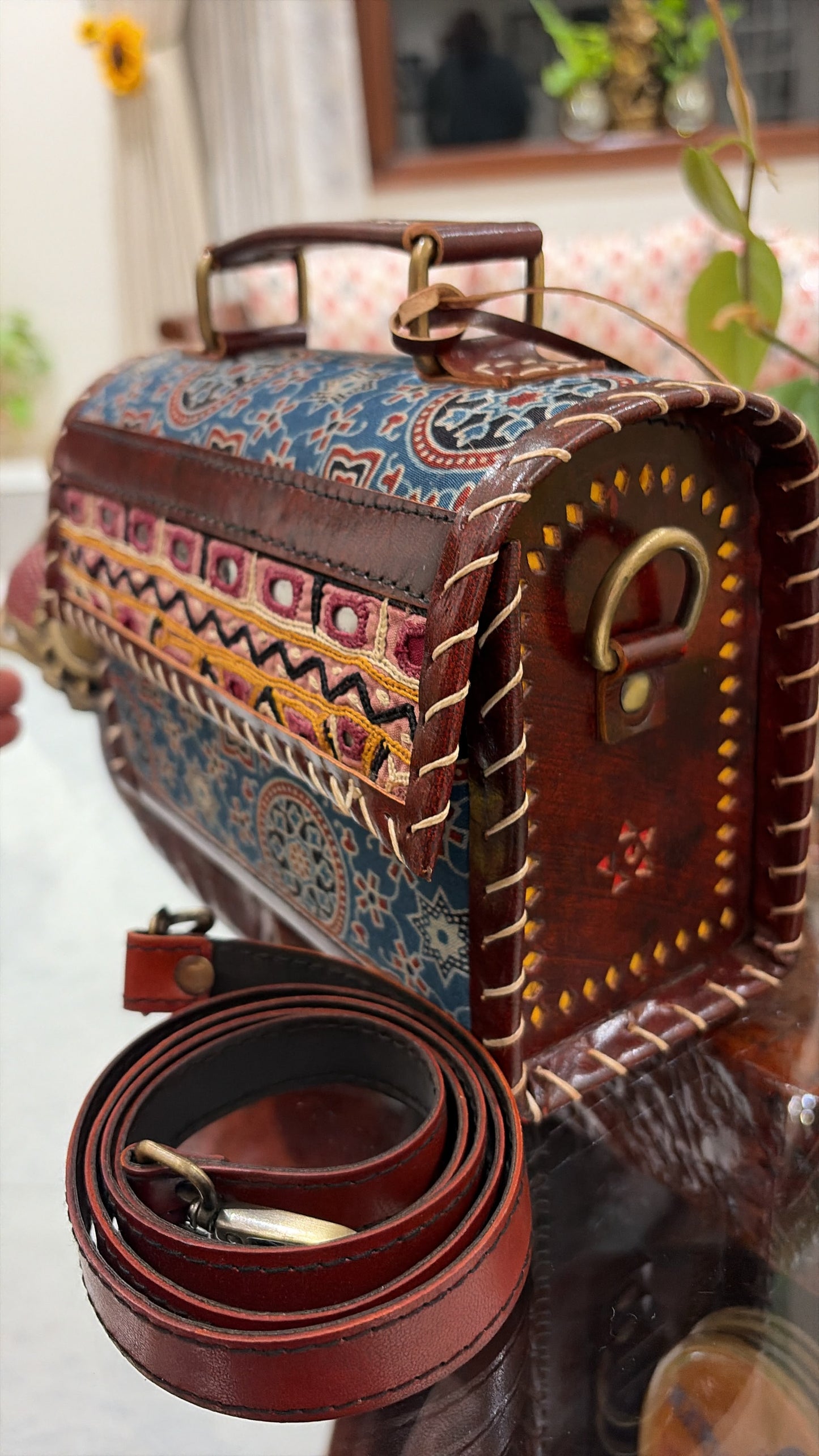 Mirror Work Ajrakh Blue Trunk Bag