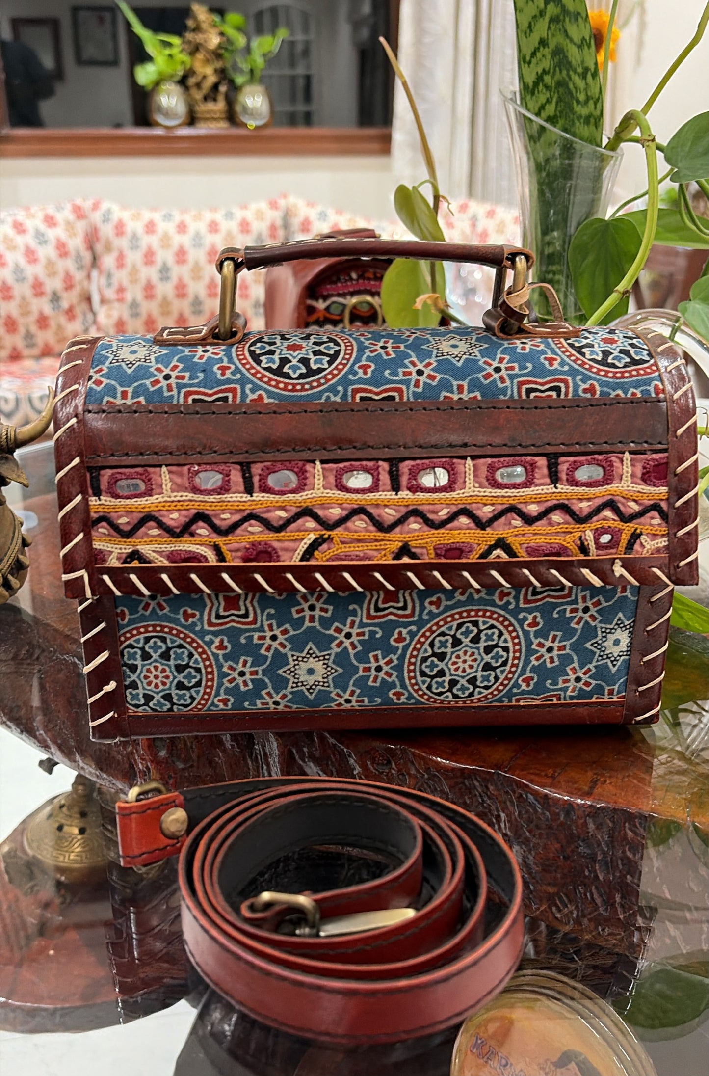 Mirror Work Ajrakh Blue Trunk Bag