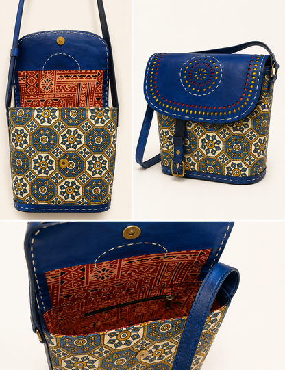 Blue mustard medallion box crossbody bag, third view