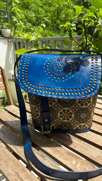Blue mustard medallion box crossbody bag, fourth view
