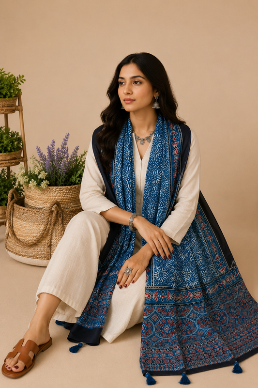 Blue & White Ajrakh Modal Silk Stole