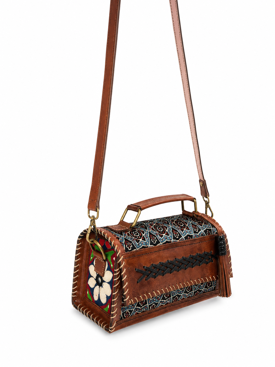 Multicolor Ajrakh Medallion Crossbody Leather Bag