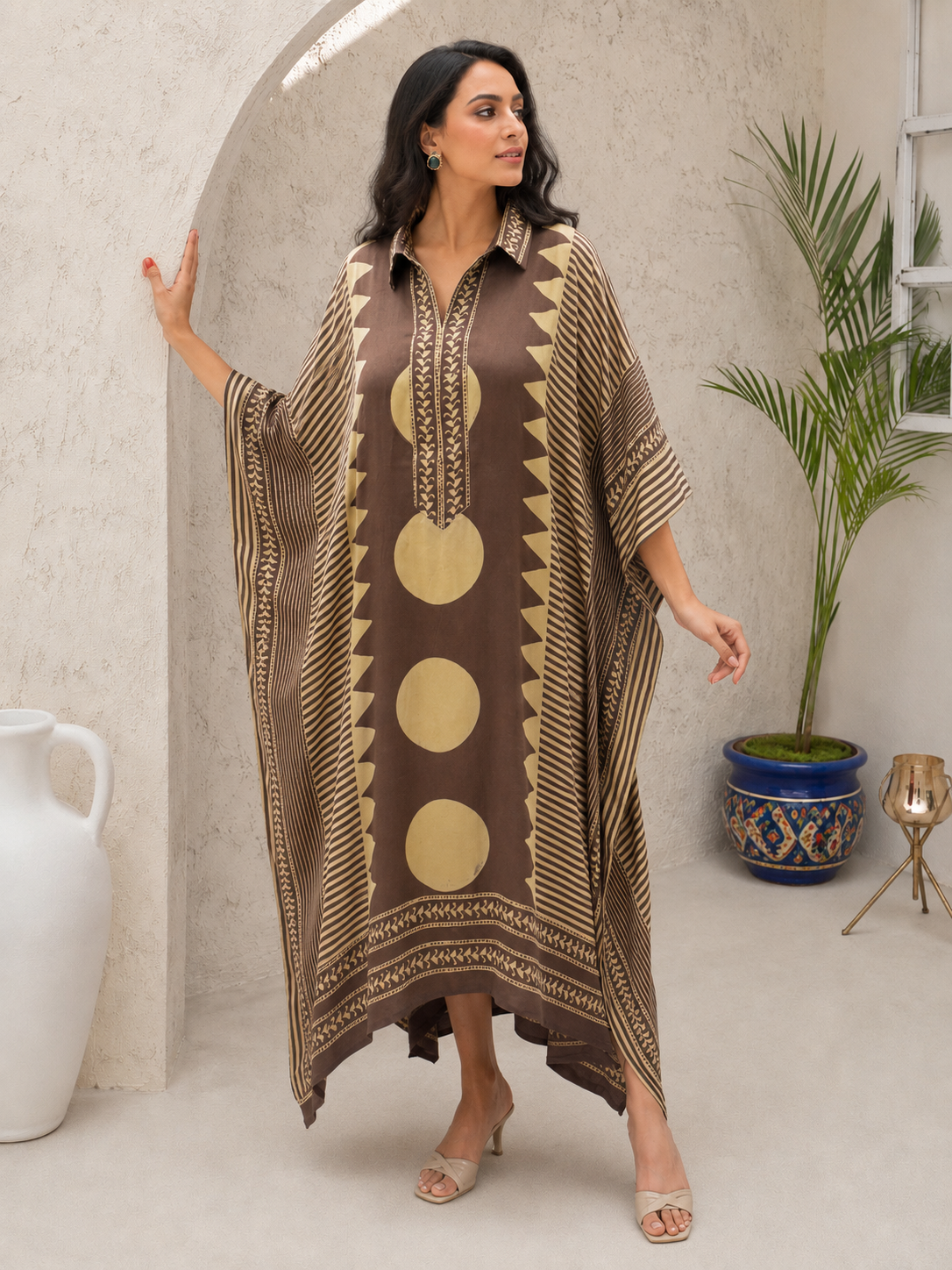 Brown tan aztec circle kaftan – front view 2