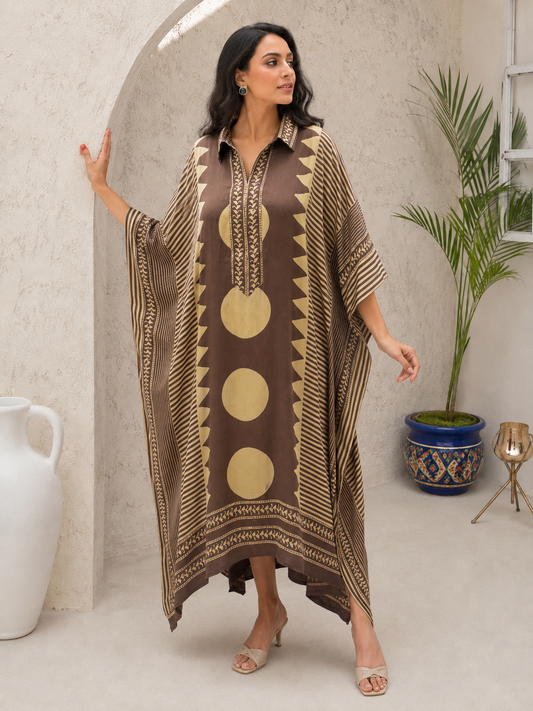 Brown tan aztec circle kaftan – front view 2
