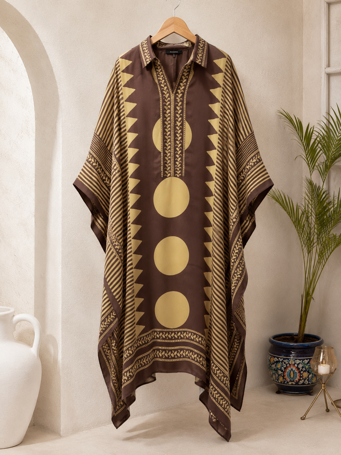 Brown tan aztec circle kaftan – hanger view