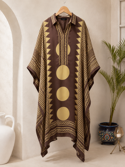 Brown and tan Aztec circle modal silk kaftan by Gul