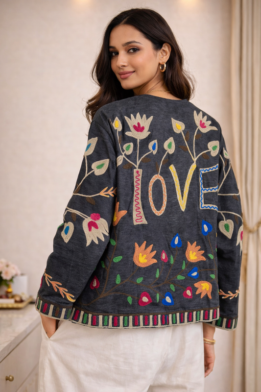 Charcoal LOVE floral Suzani jacket back view 1