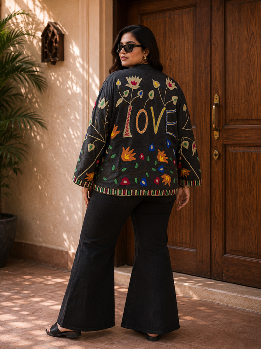 Charcoal LOVE floral Suzani jacket back view 2