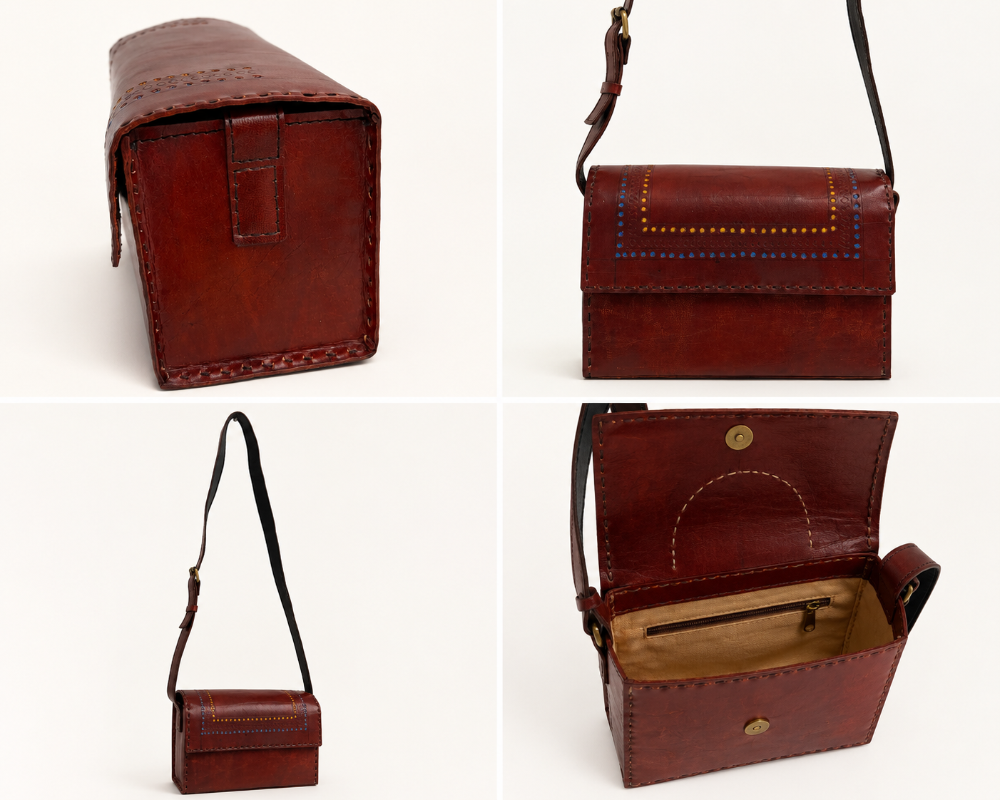 Cognac Leather Crossbody Bag with Multicolour Stud Border