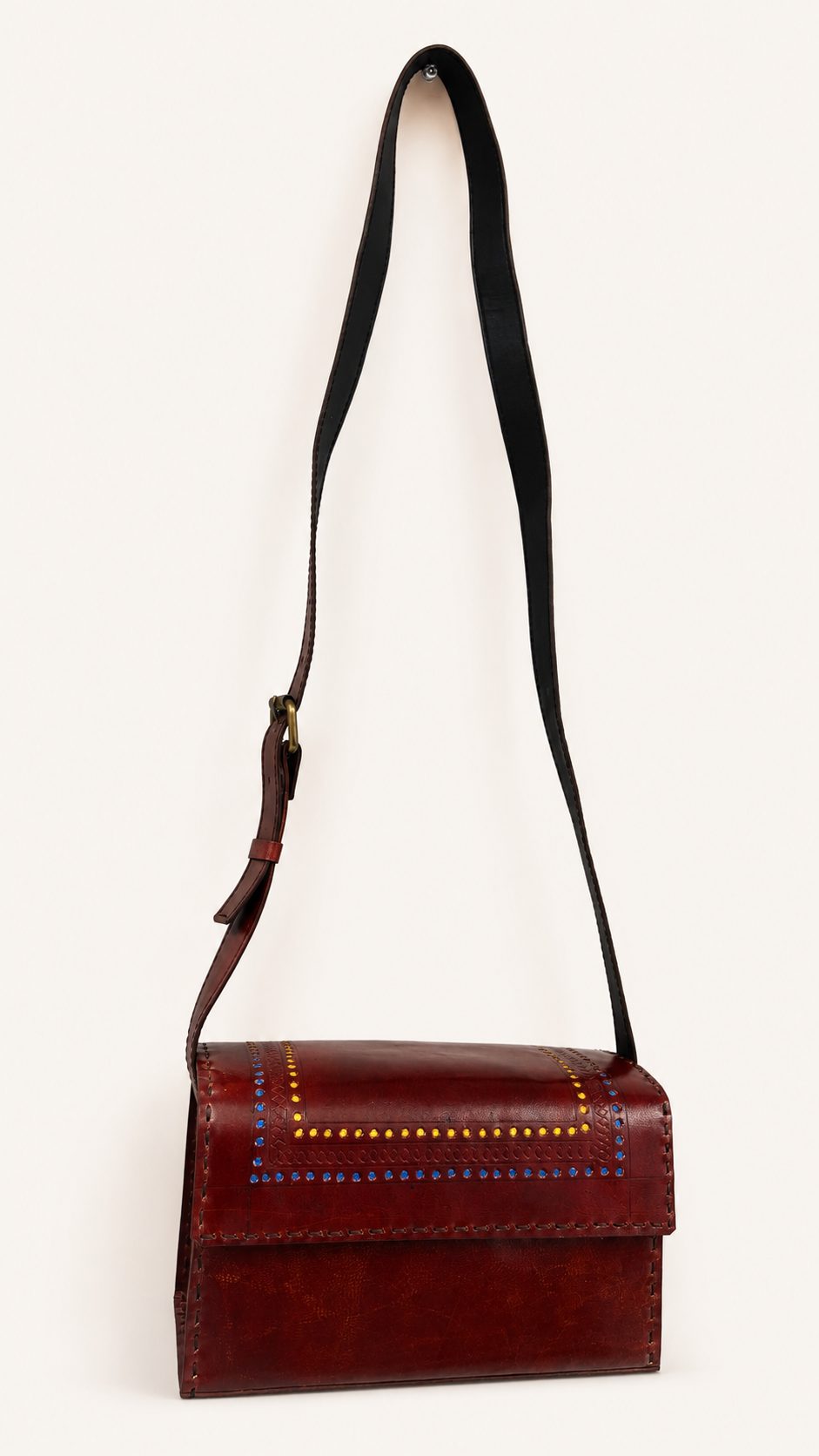 Cognac Leather Crossbody Bag with Multicolour Stud Border