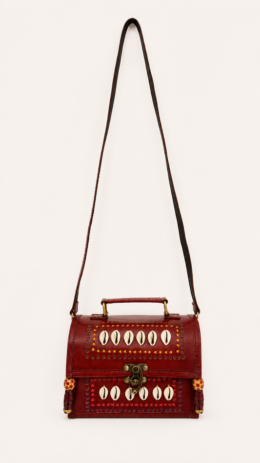 Brown Leather Cowrie Shell Trunk Bag
