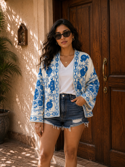 Cream blue pomegranate Suzani jacket lifestyle 1