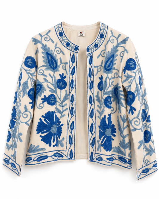 Cream blue Suzani embroidered jacket front