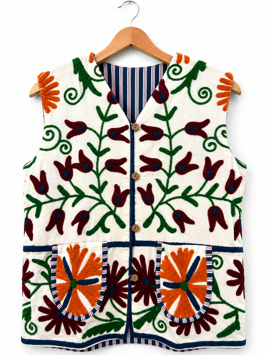 Cream multicolour floral pocket Suzani vest on hanger