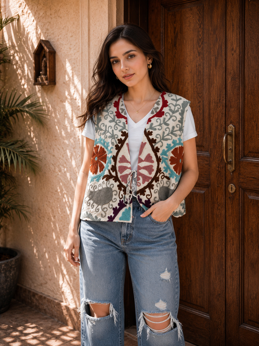 Cream teal orange floral medallion tie Suzani vest lifestyle