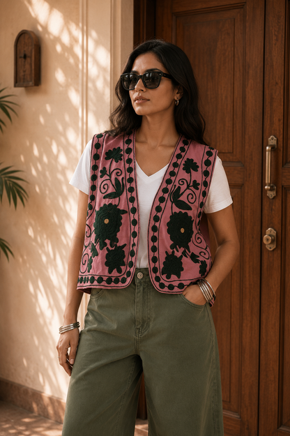 Dusty pink and black floral Suzani vest lifestyle