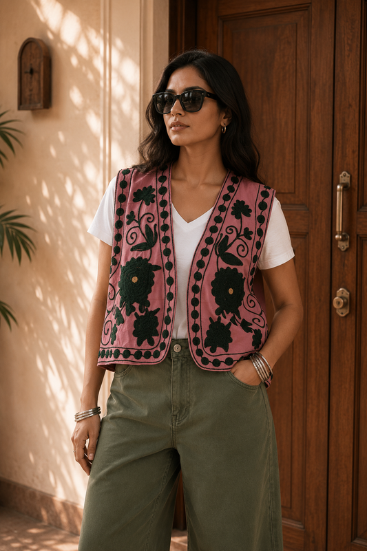 Dusty pink and black floral Suzani vest lifestyle