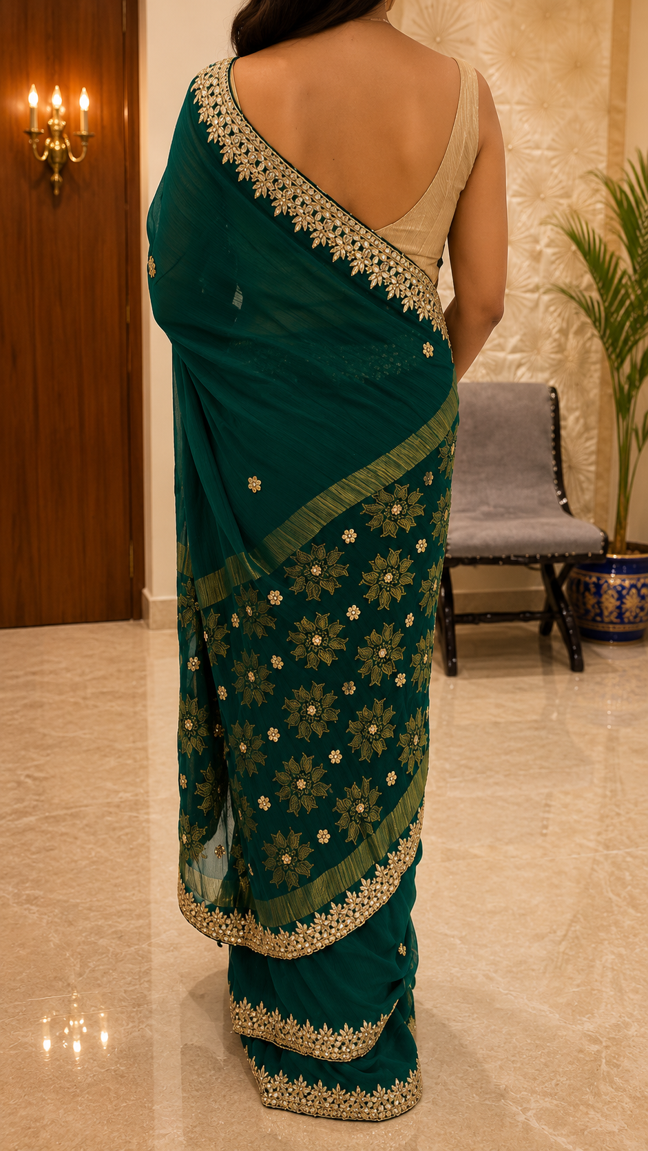 Emerald Green Floral Medallion Saree - back view