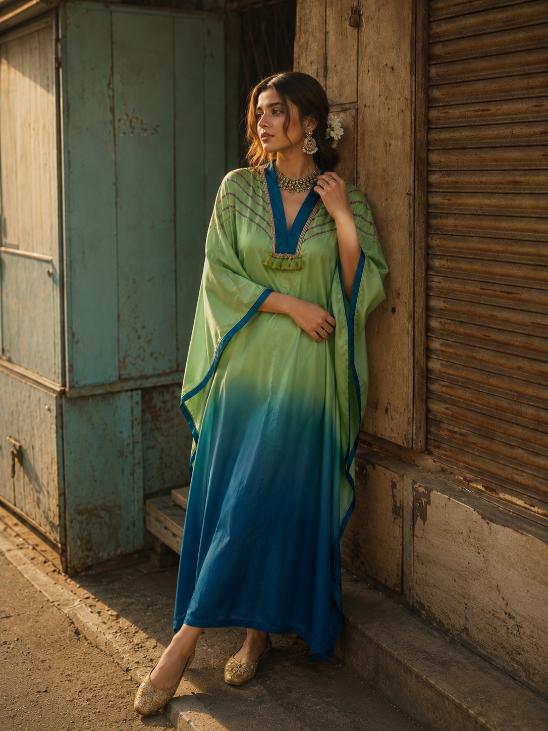 Green teal ombré embroidered kaftan – front view 1