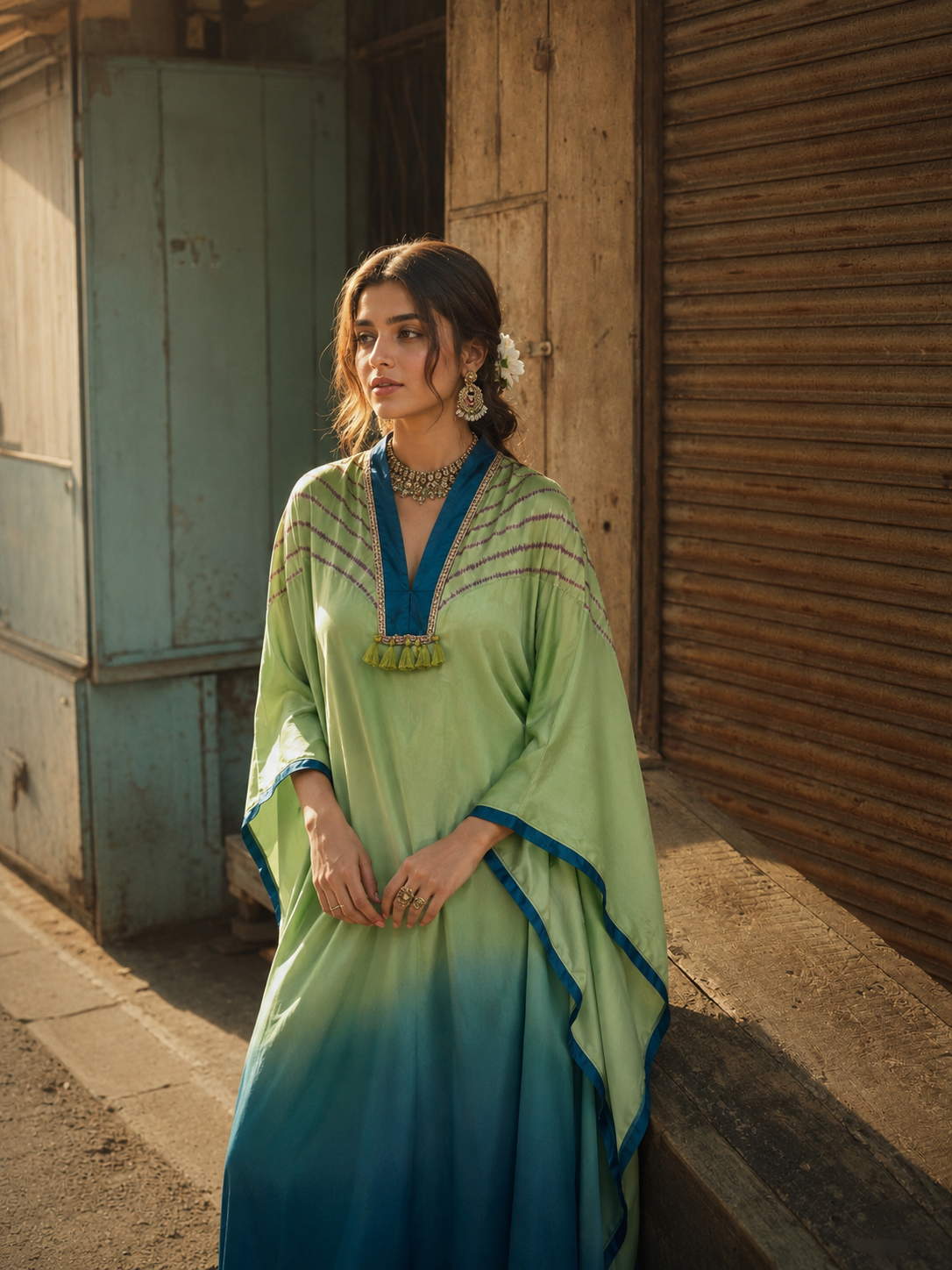 Green teal ombré embroidered kaftan – front view 2