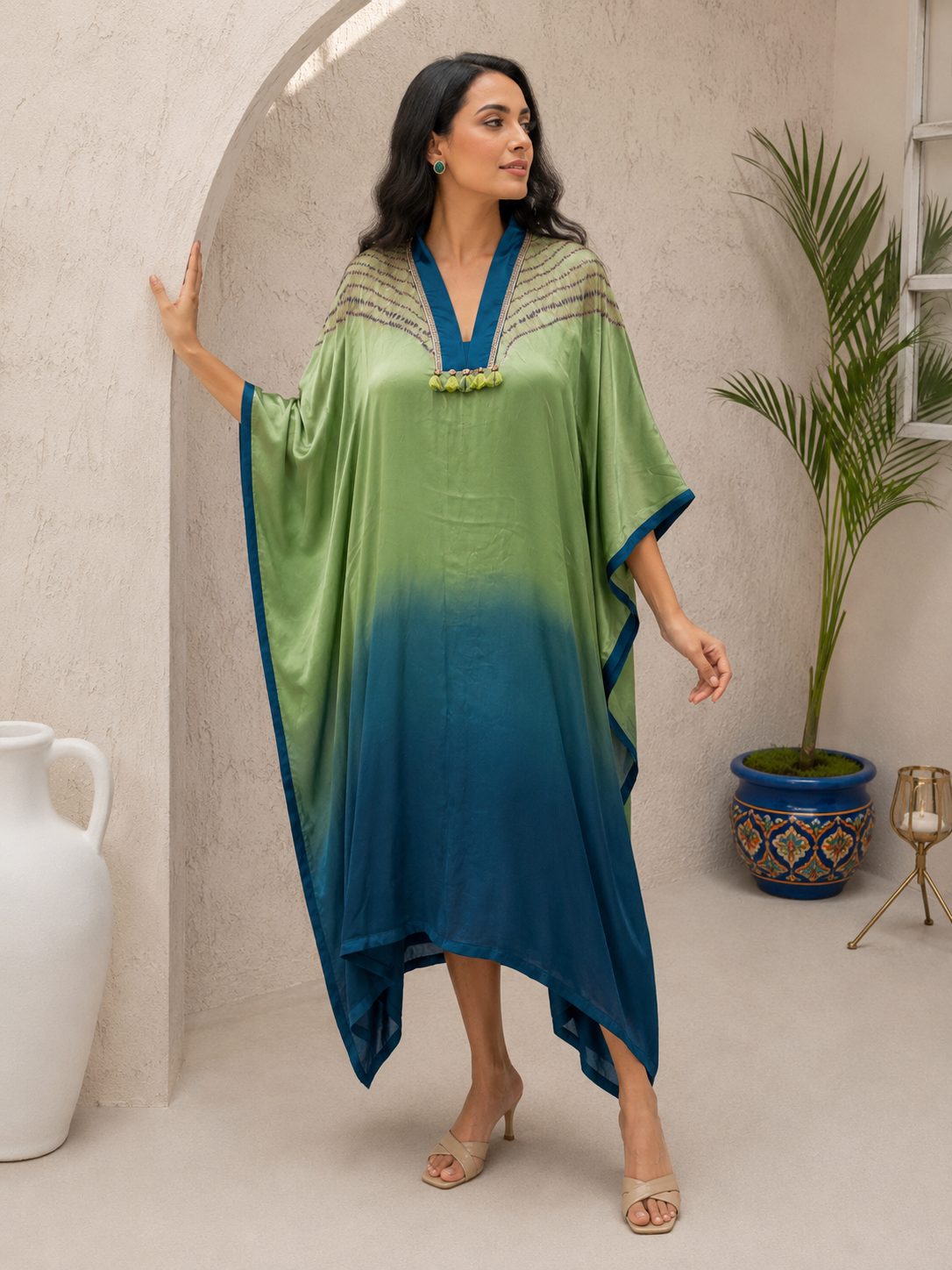 Green teal ombré embroidered kaftan – front view 3