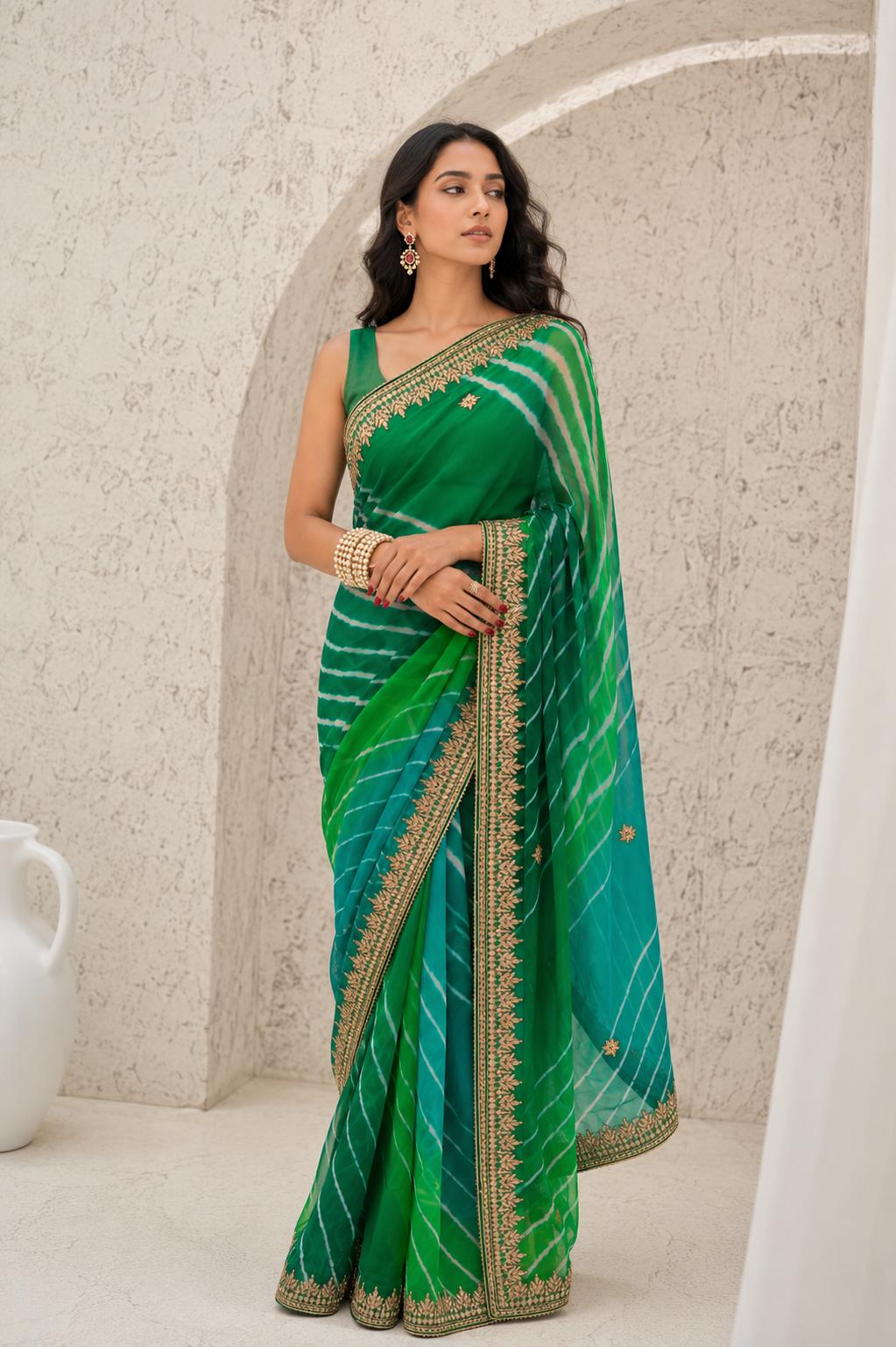 Green-Teal Tie-Dye Leheriya Saree - back view 1