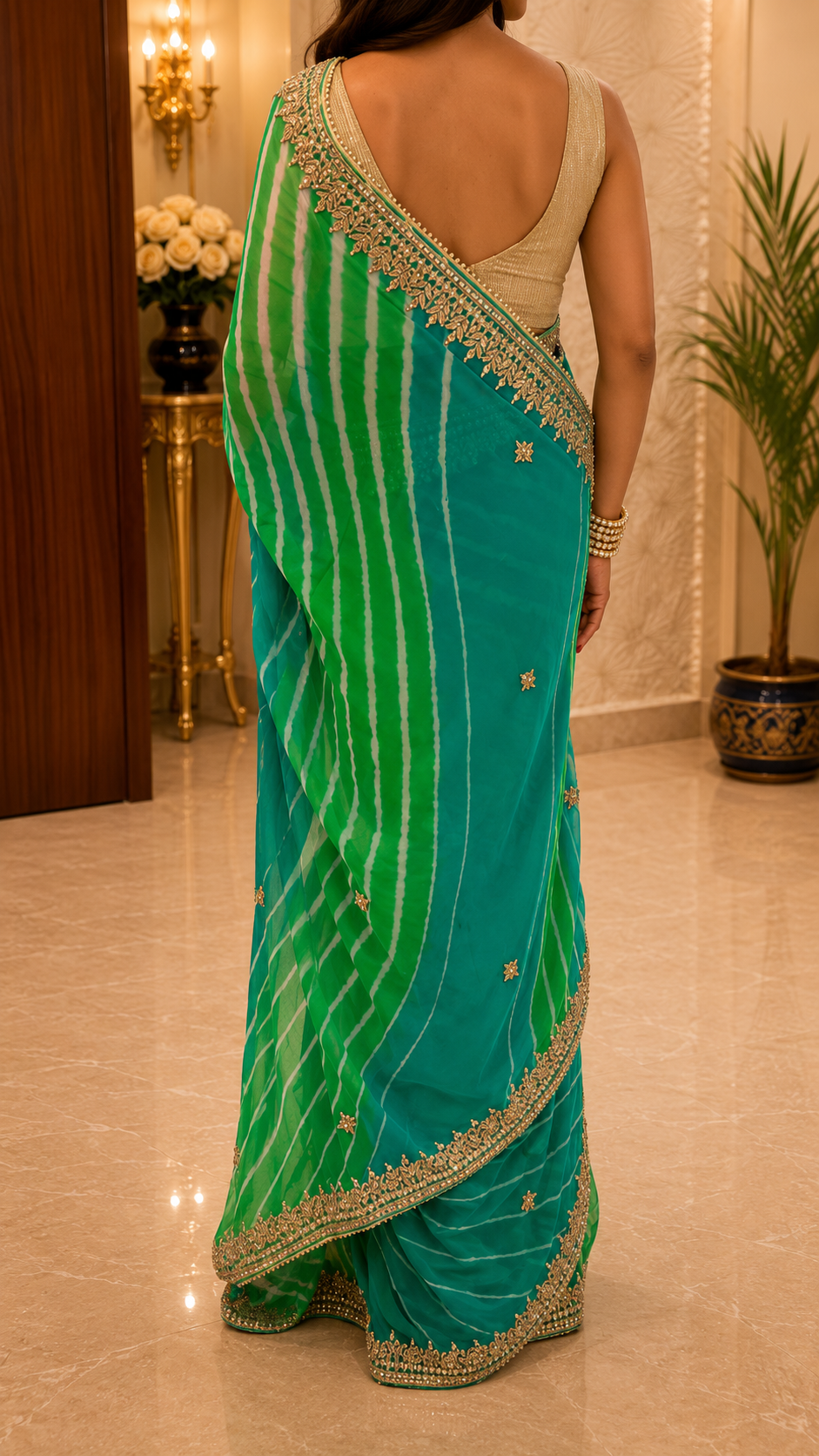 Green-Teal Tie-Dye Leheriya Saree - back view 2