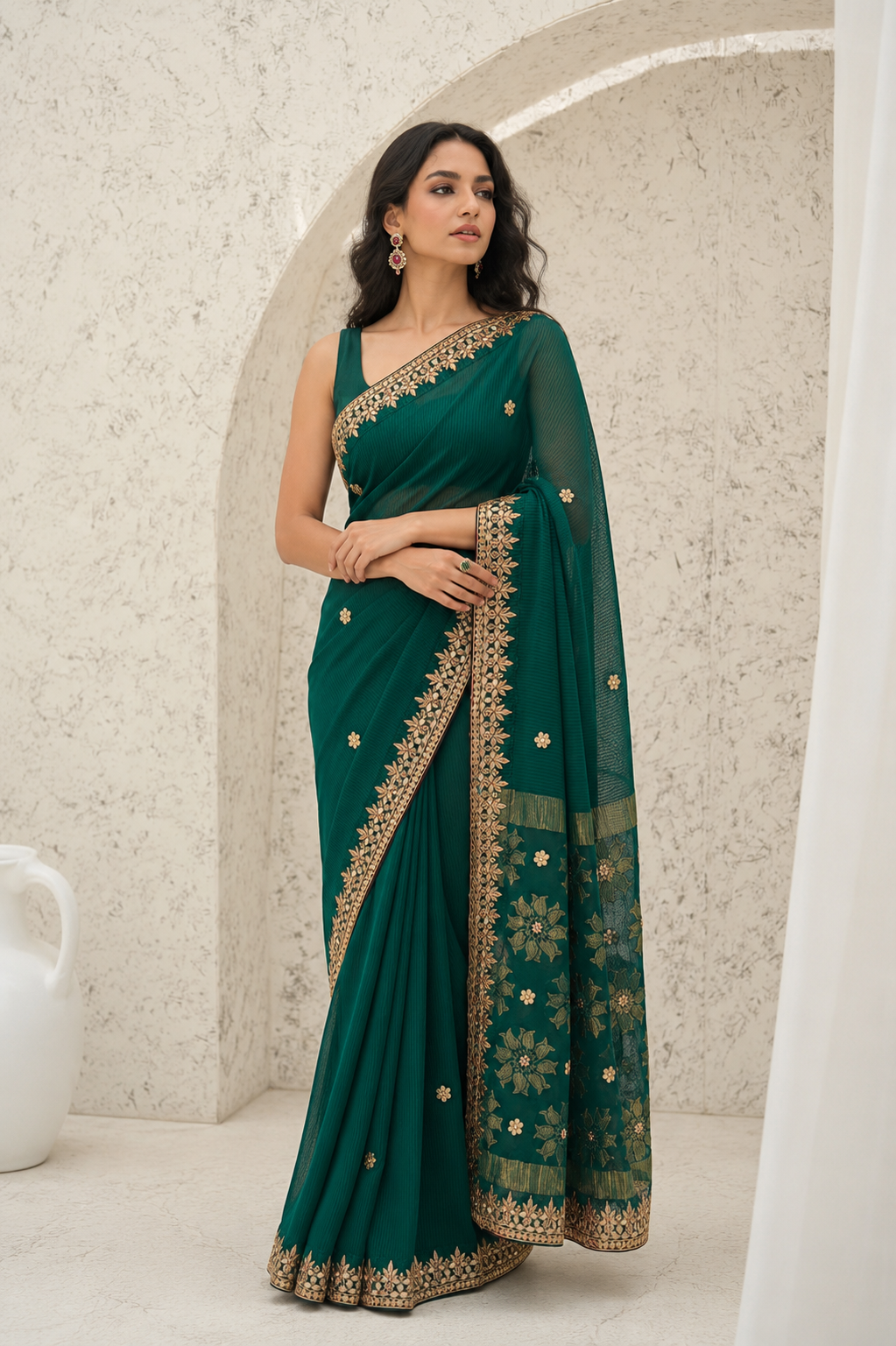 Emerald Green Georgette Saree with Floral Medallion