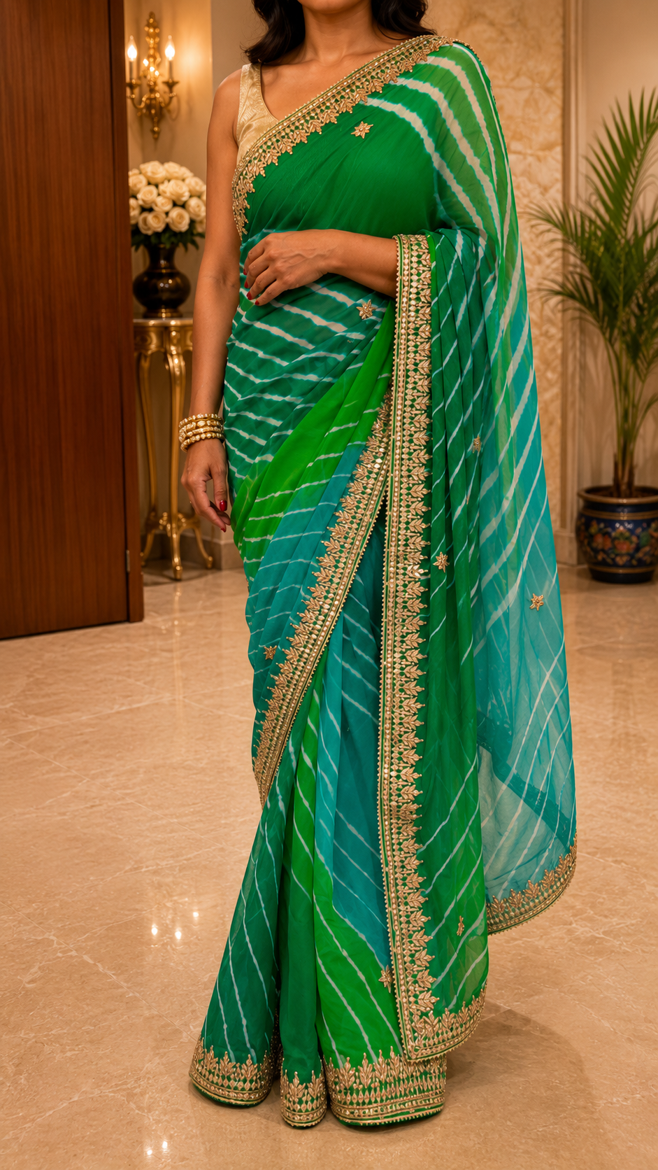 Green-Teal Tie-Dye Leheriya Saree - front view 2
