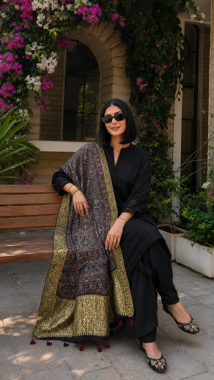 Black gold Ajrakh dupatta lifestyle sitting