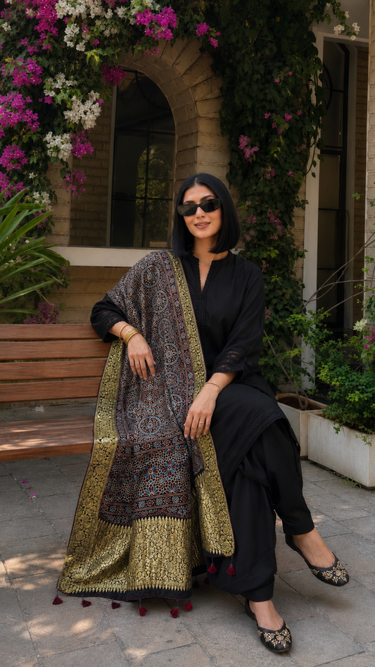 Black gold Ajrakh dupatta lifestyle sitting