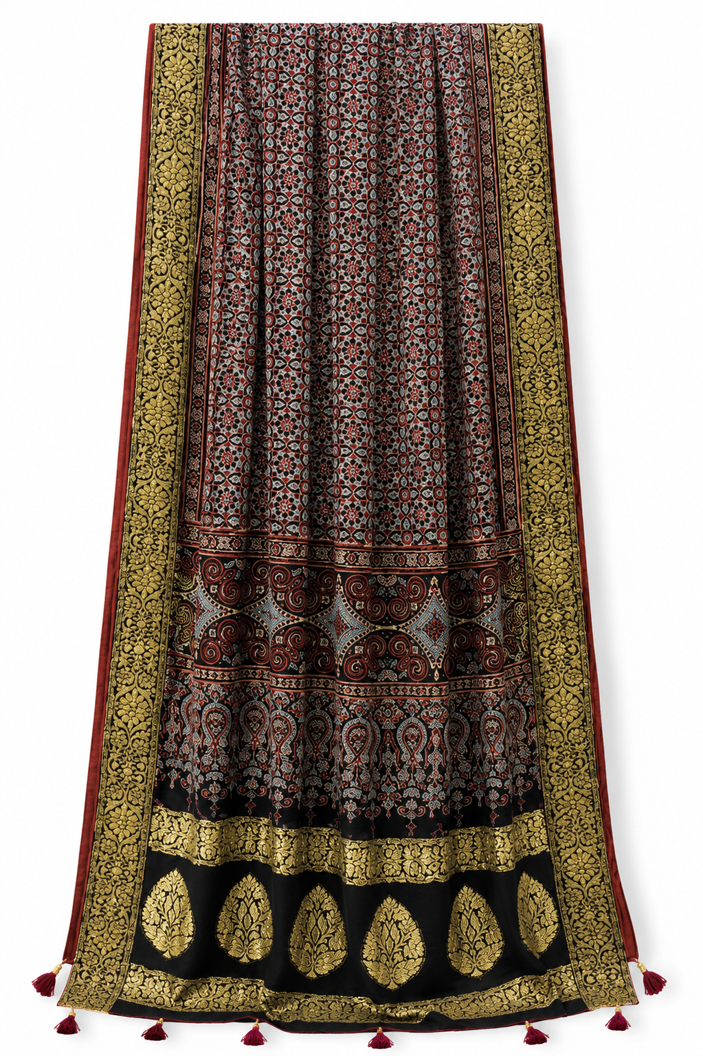 Black red Ajrakh dupatta flat lay