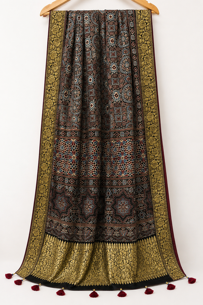 Black gold Ajrakh silk dupatta, detail view