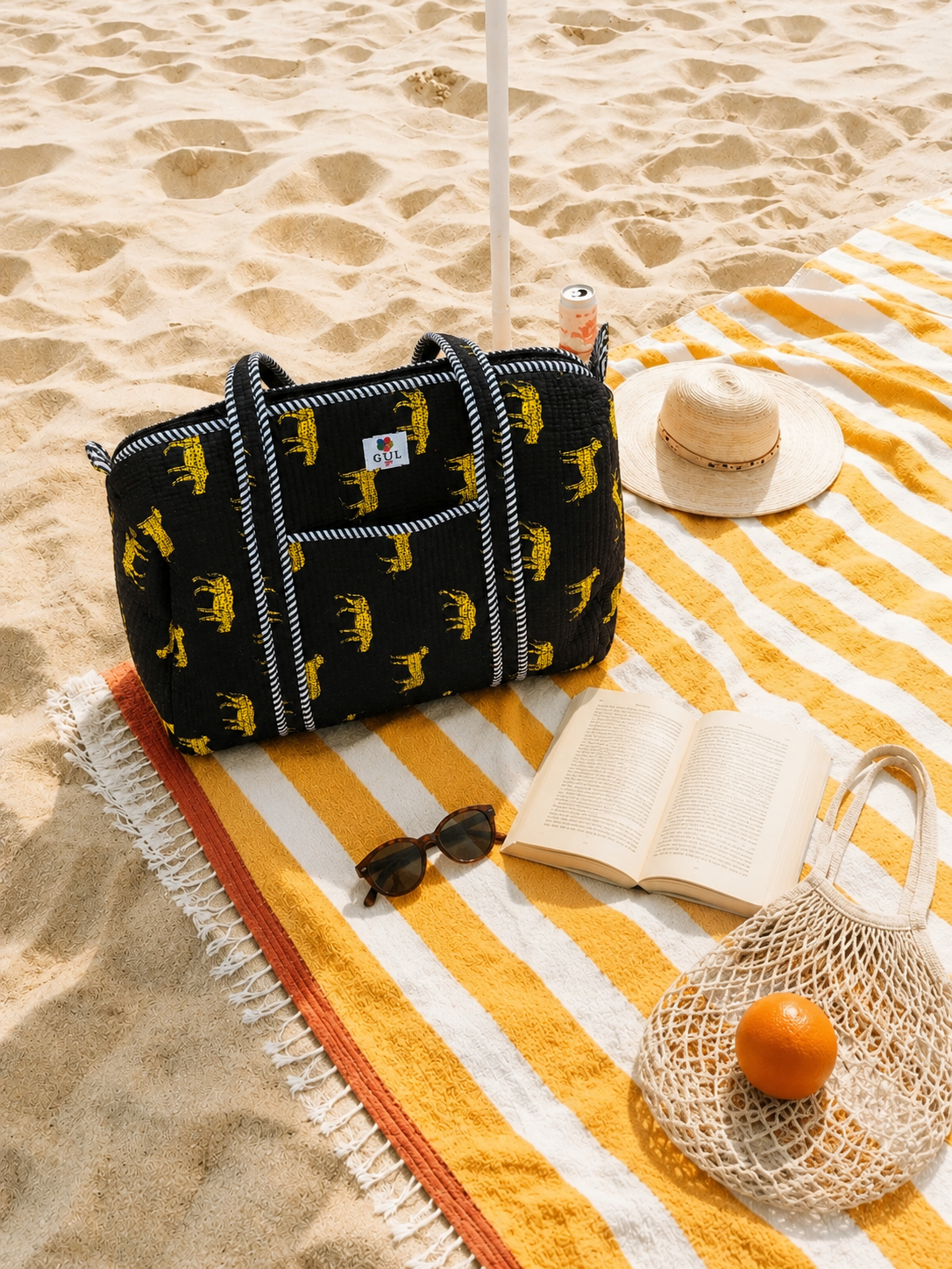 Black & Yellow Animal Print Quilted Duffel Bag