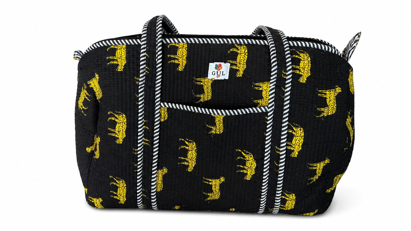 Black & Yellow Animal Print Quilted Duffel Bag