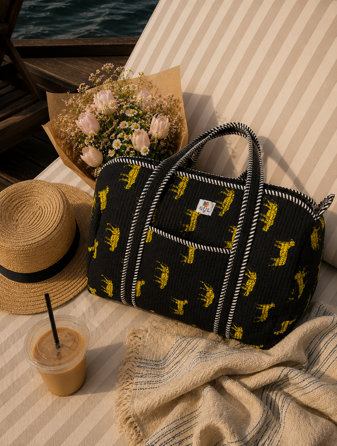Black & Yellow Animal Print Quilted Duffel Bag