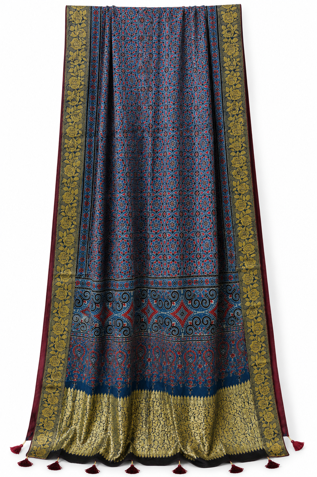 Blue gold Ajrakh dupatta flat lay