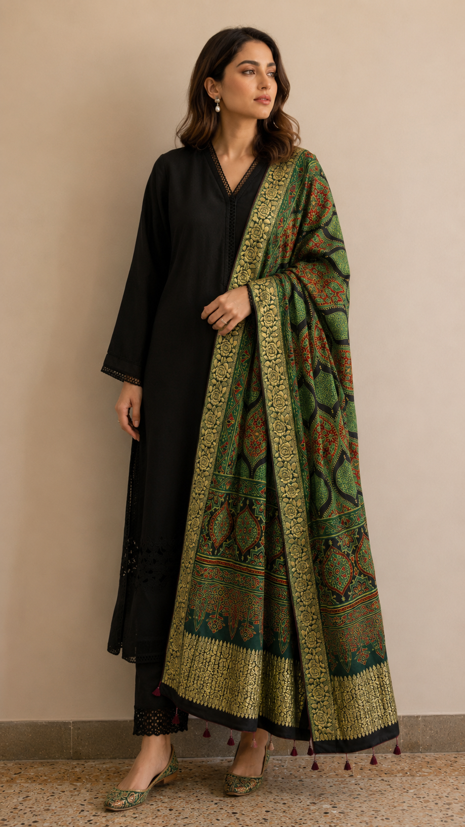 Ajrakh dupatta in green with black kurta lifestyle