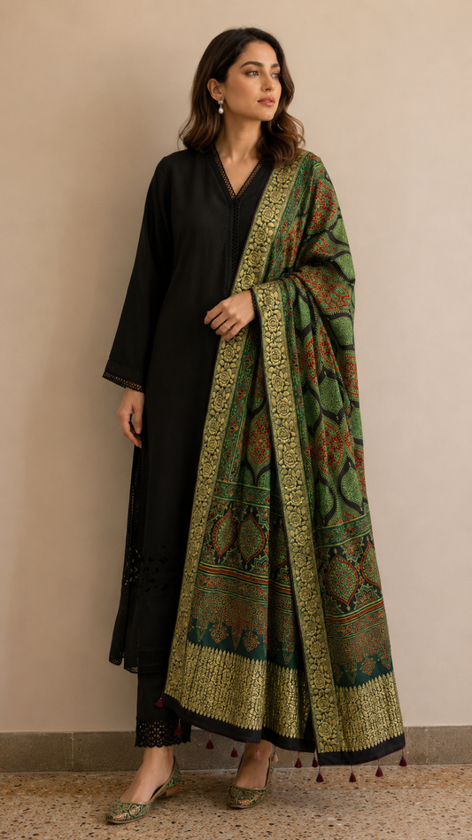 Ajrakh dupatta in green with black kurta lifestyle