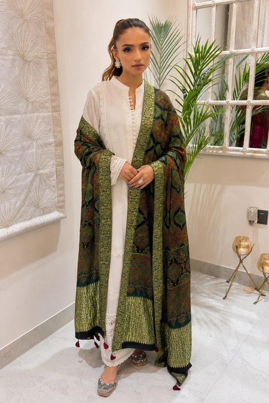Green Ajrakh dupatta with white kurta lifestyle